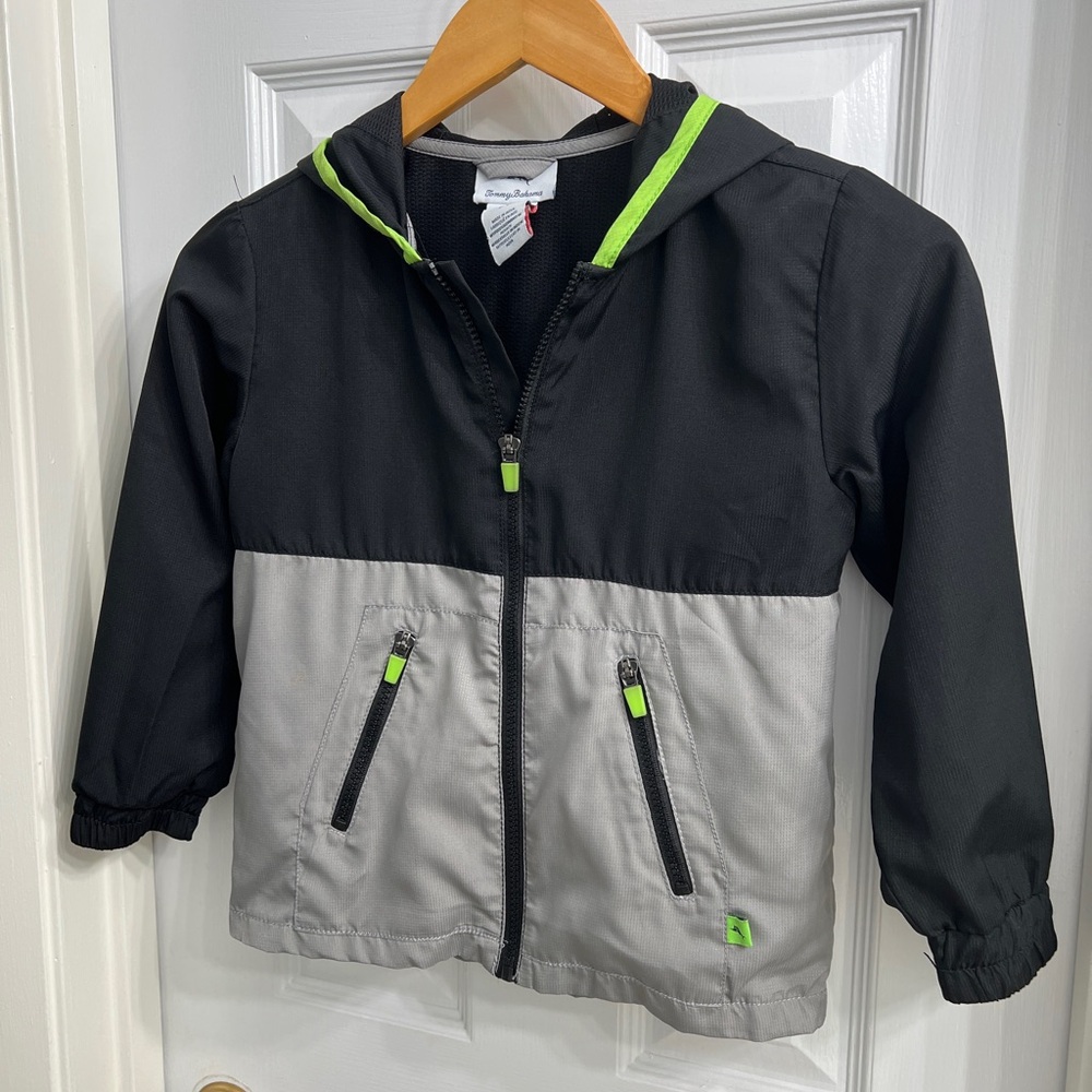 Tommy Bahamas Kids Rain Jacket – Neon Black & Gray, Size 5/6, 100% Polyester